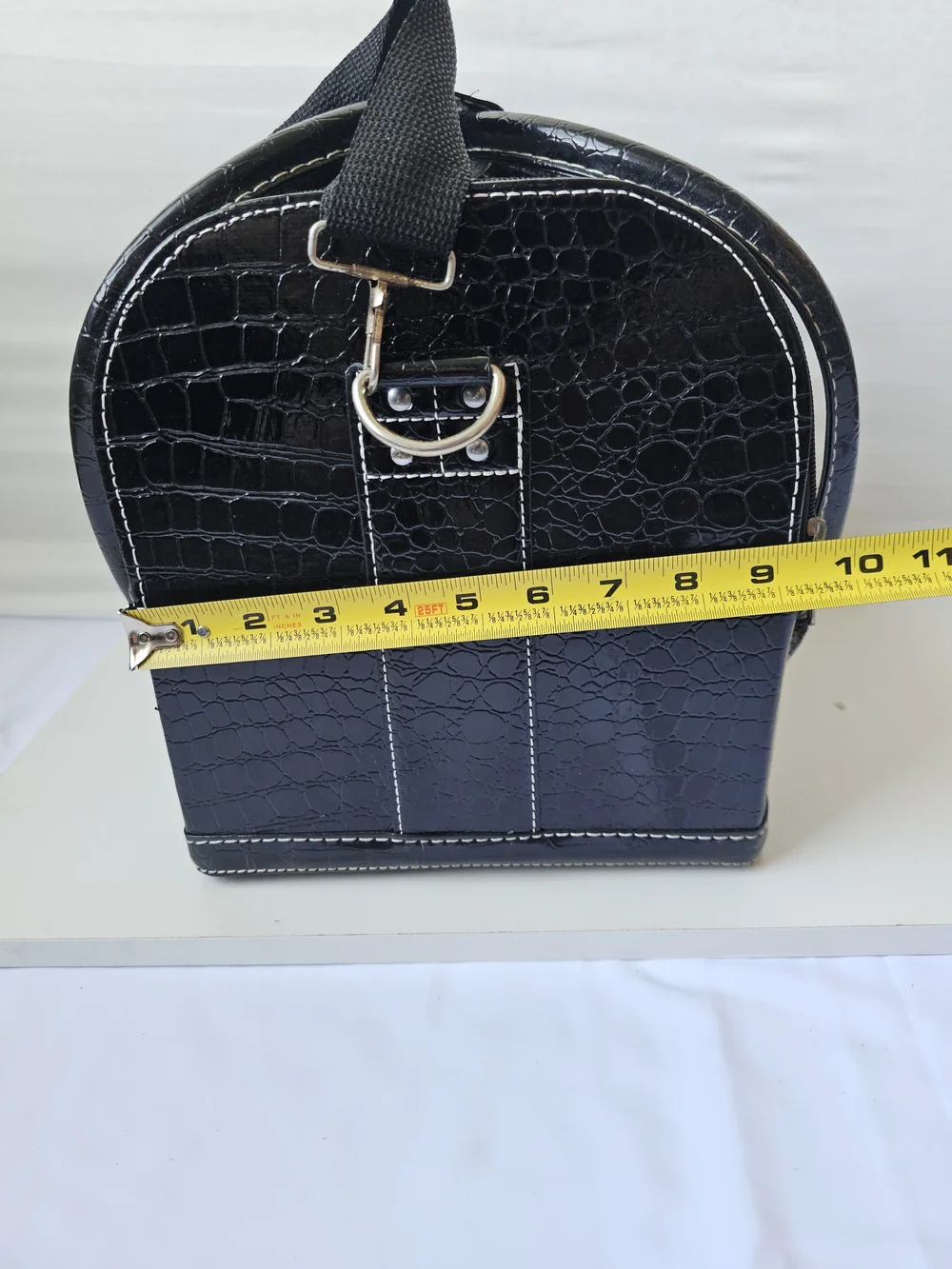 Black Faux Croc Cantilever Makeup Train Case Vintage Style Travel Vanity Bag